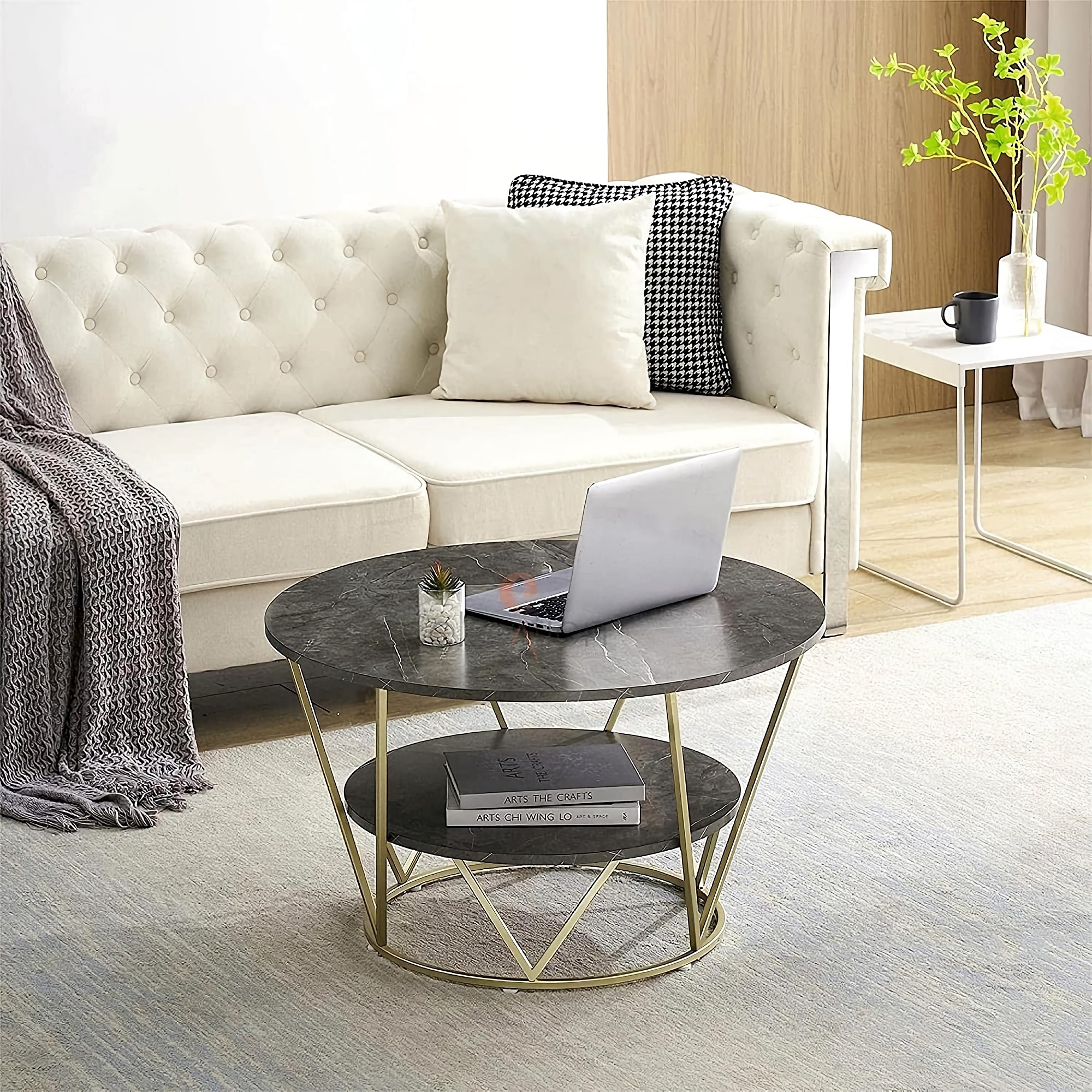Round Coffee Table, 80cm Grey Gold Faux Marble Table with 2 Tier Storage for Home, Living Room (Grey-Gold) - COCO-Gray-CoffeeTableGG&G-FWS Round Coffee Table, 80cm Grey Gold Faux Marble Table with 2 Tier Storage for Home, Living Room (Grey-Gold) - COCO-Gray-CoffeeTableGG&G-FWS